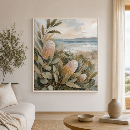 Banksia by the Bay white floating frame canvas