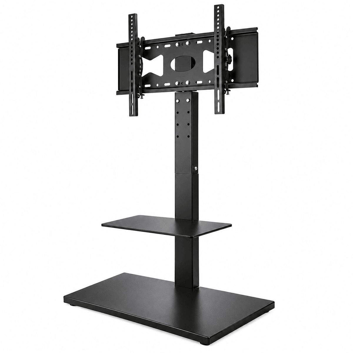 Black steel swivel TV floor stand with a VESA bracket, one shelf on the column and a rectangular base on a white background