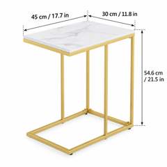 Dimensions diagram of the white and gold C shaped side table showing its length, width and height