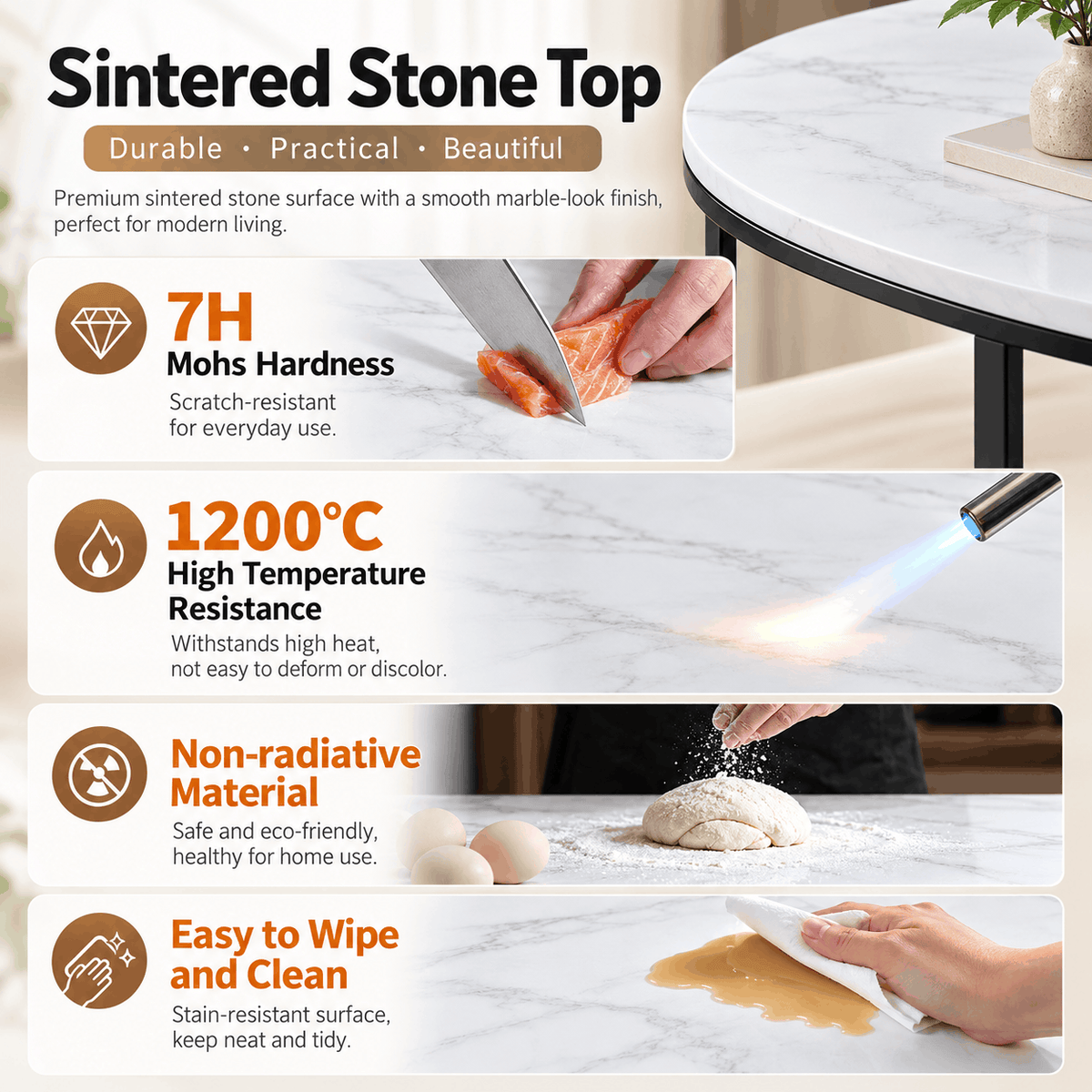 Collage with close up views of a marble look tabletop surface and a round table with a black frame in the corner