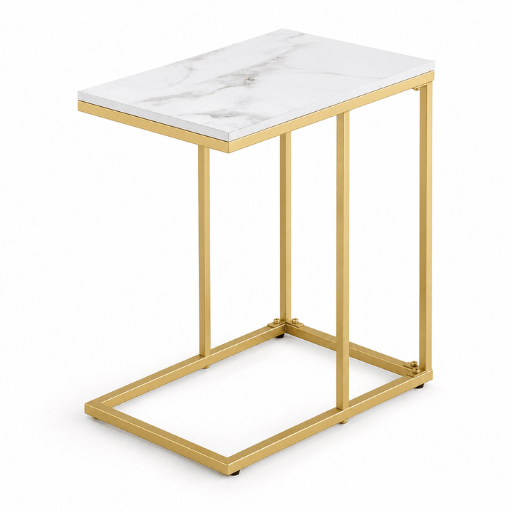 C Shaped Sofa Side Table White Marble Look Top Gold Metal Frame