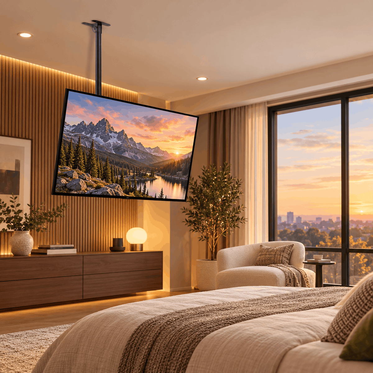 TV tilted down towards a bed from a black ceiling mount pole in a bedroom with a timber TV unit and a large window