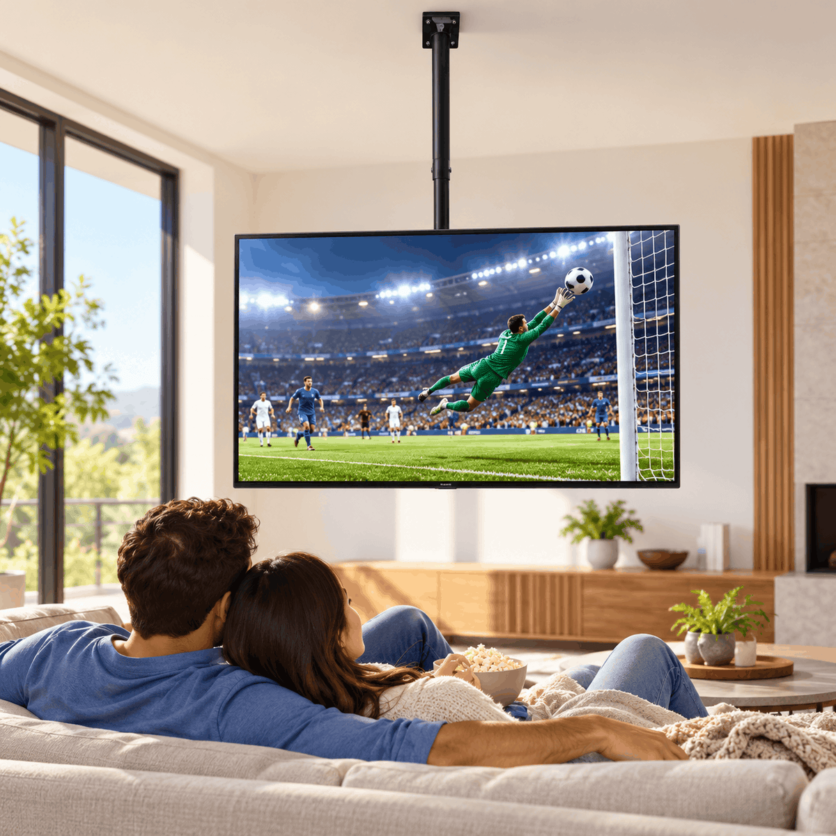 Couple on a sofa watching football on a TV hanging from a black ceiling mount pole in a bright lounge room