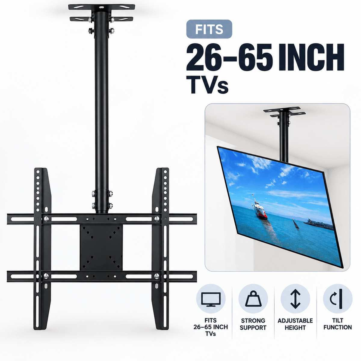 Black ceiling TV mount bracket with an adjustable pole and TV plate beside a photo of a tilted TV hanging from a ceiling
