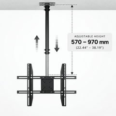 Black ceiling TV mount with arrows showing the pole adjusting up and down and the height range below the ceiling