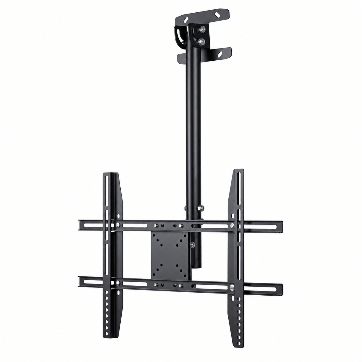 Black ceiling TV mount bracket with a ceiling plate, adjustable pole and TV plate with sliding brackets on a white background