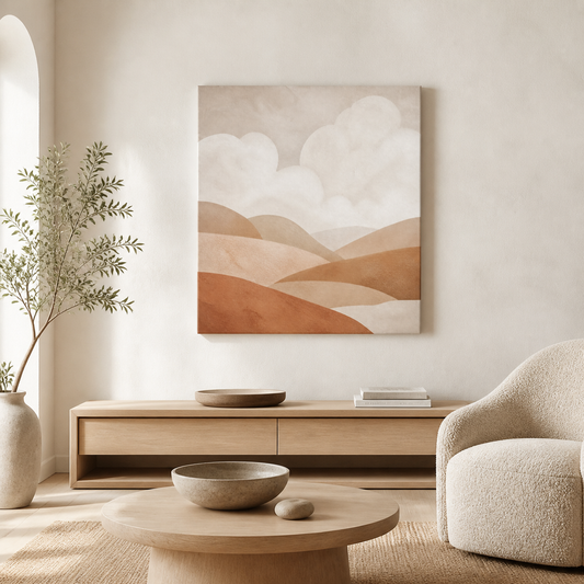 Clay and Cloud stretched canvas in a neutral interior