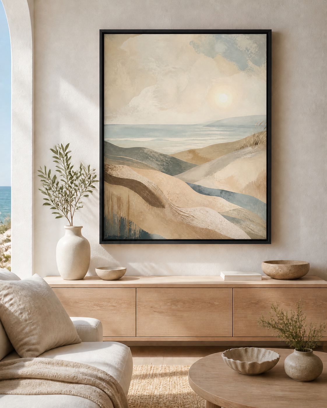 Coastal Drift canvas wall art in a black floating frame