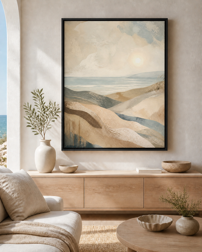 Coastal Drift canvas wall art in a black floating frame