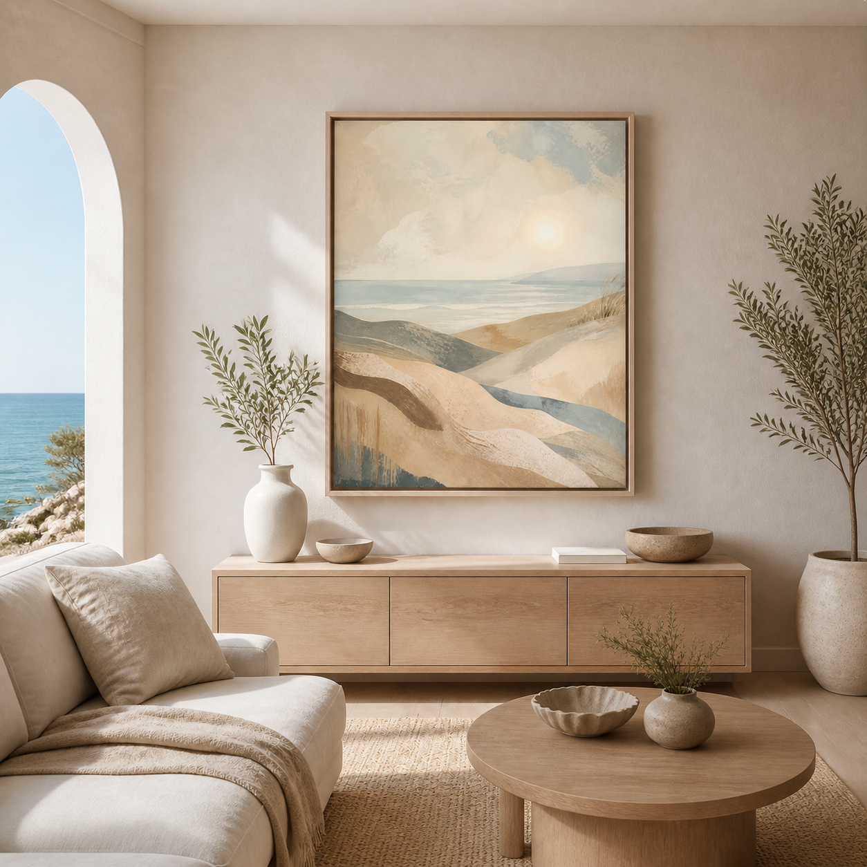 Coastal Drift canvas wall art in a natural birch floating frame – full square lifestyle view