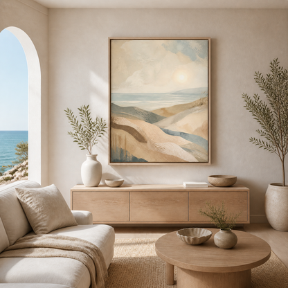 Coastal Drift canvas wall art in a natural birch floating frame – full square lifestyle view