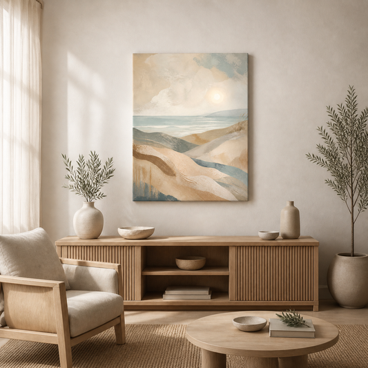 Coastal Drift stretched canvas wall art in a neutral coastal living room – full square lifestyle view