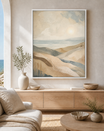 Coastal Drift canvas wall art in a white floating frame