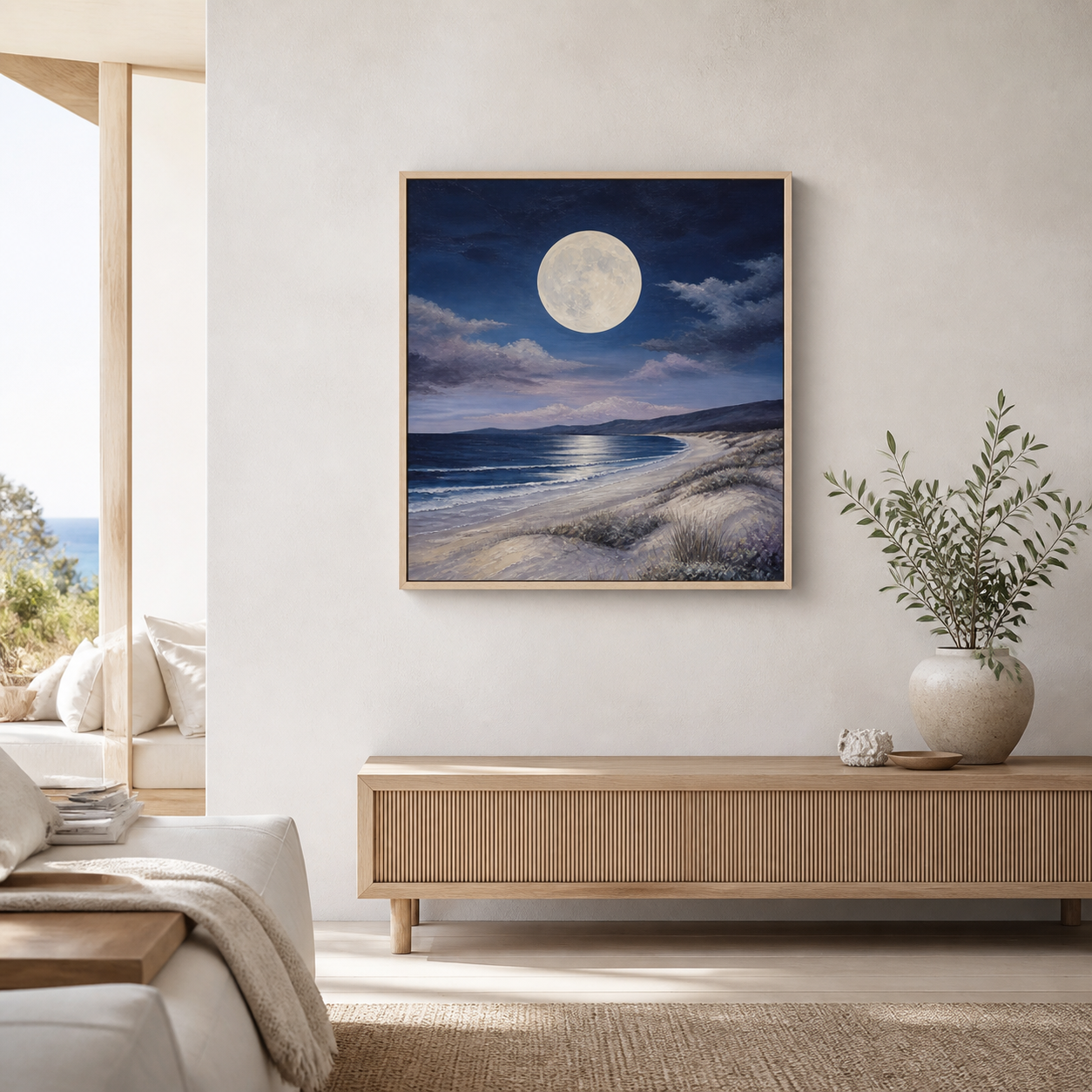 Coastal Moon birch floating frame canvas in a coastal interior