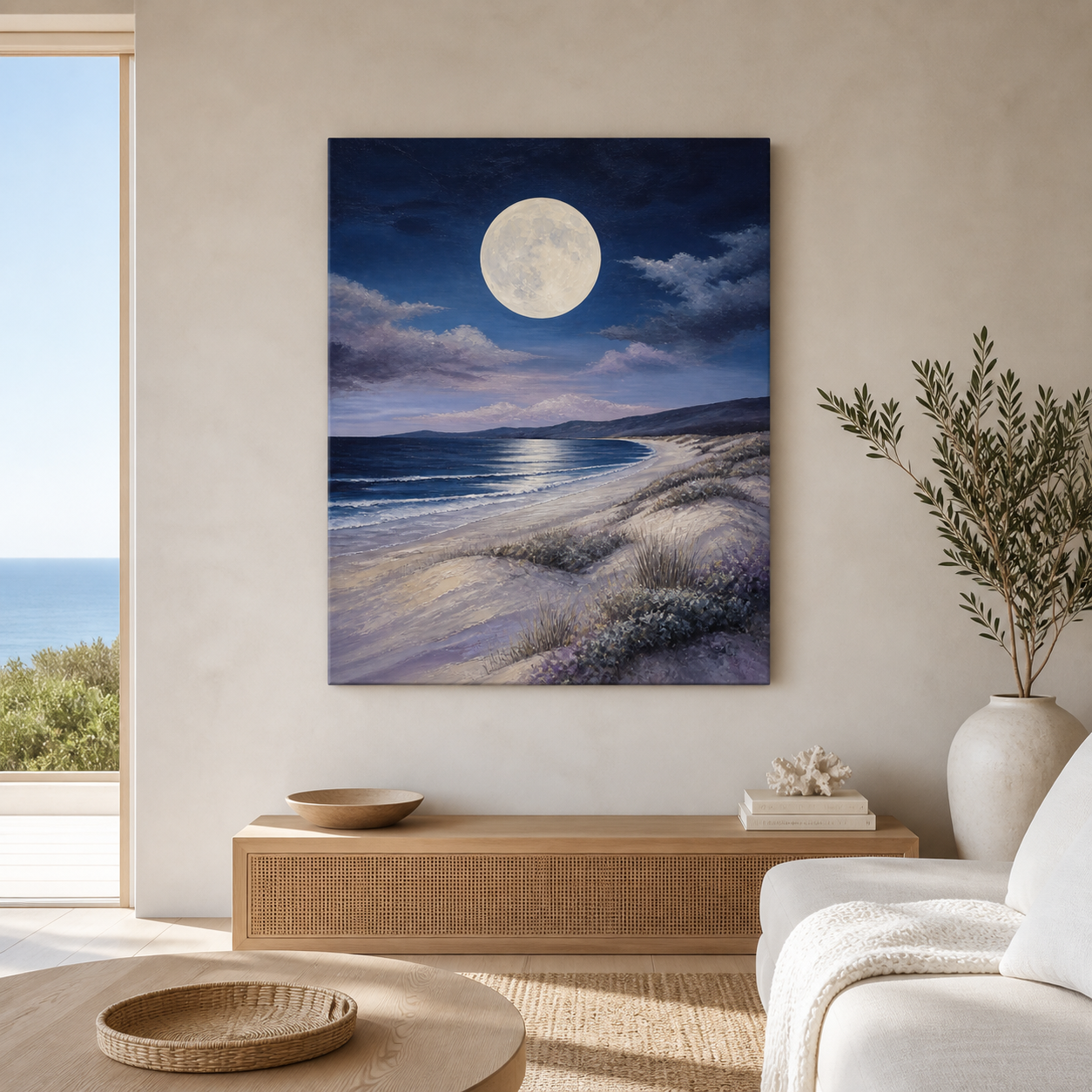 Coastal Moon stretched canvas in a coastal interior