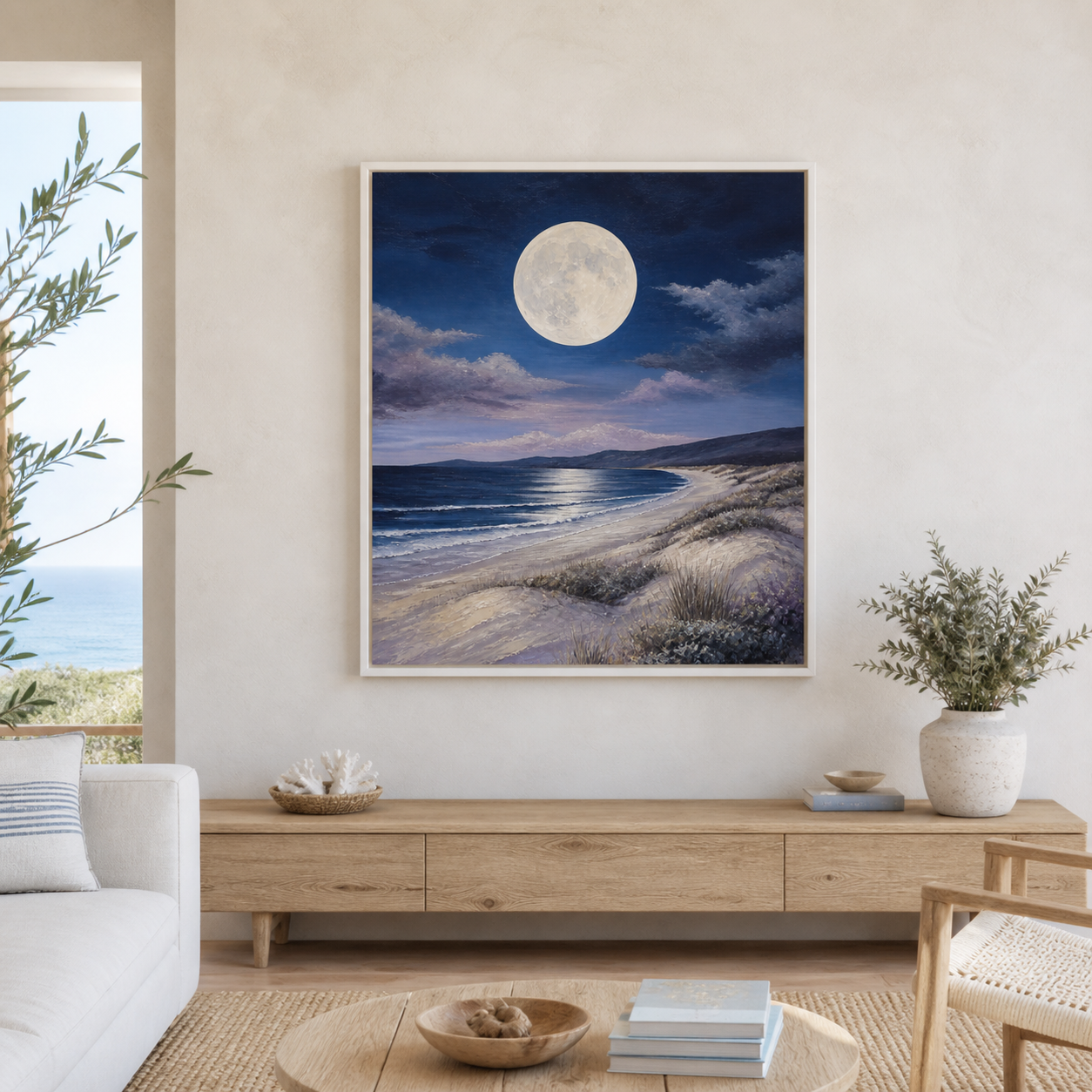 Coastal Moon white floating frame canvas