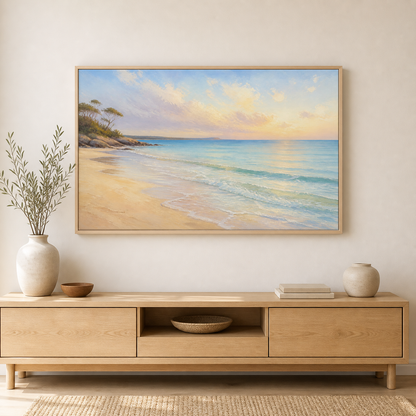 Coastal Morning birch floating frame landscape lifestyle view