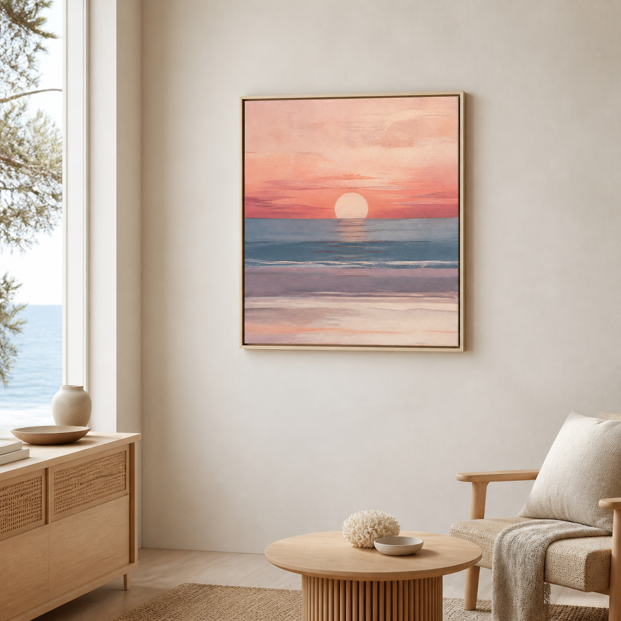 Coral Horizon birch floating frame canvas in a coastal interior