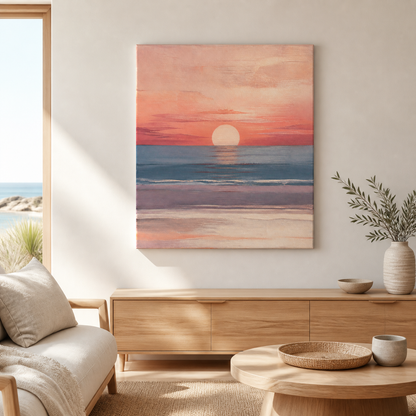 Coral Horizon stretched canvas in a coastal interior
