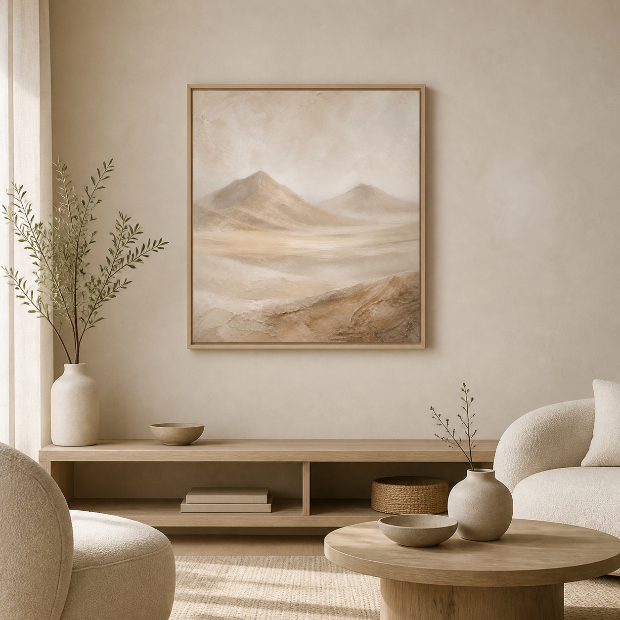 Desert Stillness birch floating frame canvas in a neutral interior