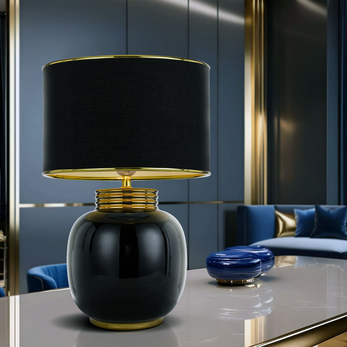 TFS CERAMIC TABLE LAMP 25wE27max H:425 D:285 BLACK/BLACK/GOLD TRIM