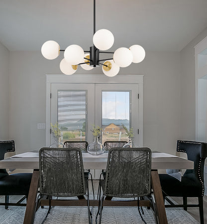 TFS 8LT PENDANT 8x25wE27 D:850 H:185 BLACK&OPAL GLASS ROD:2*600+1*300