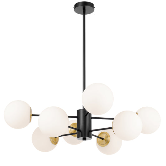 TFS 8LT PENDANT 8x25wE27 D:850 H:185 BLACK&OPAL GLASS ROD:2*600+1*300