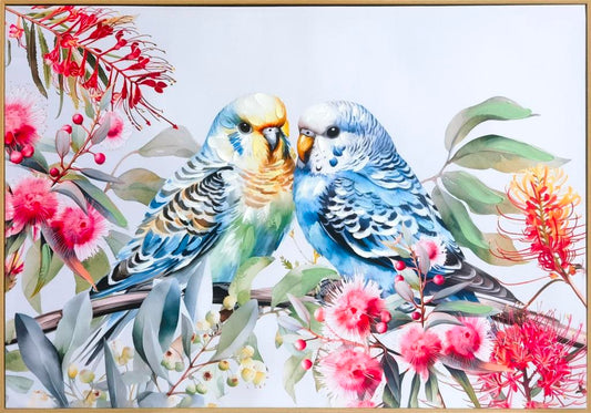 Budgies Hand Painting Picture w. Natural wood colour PS Frame