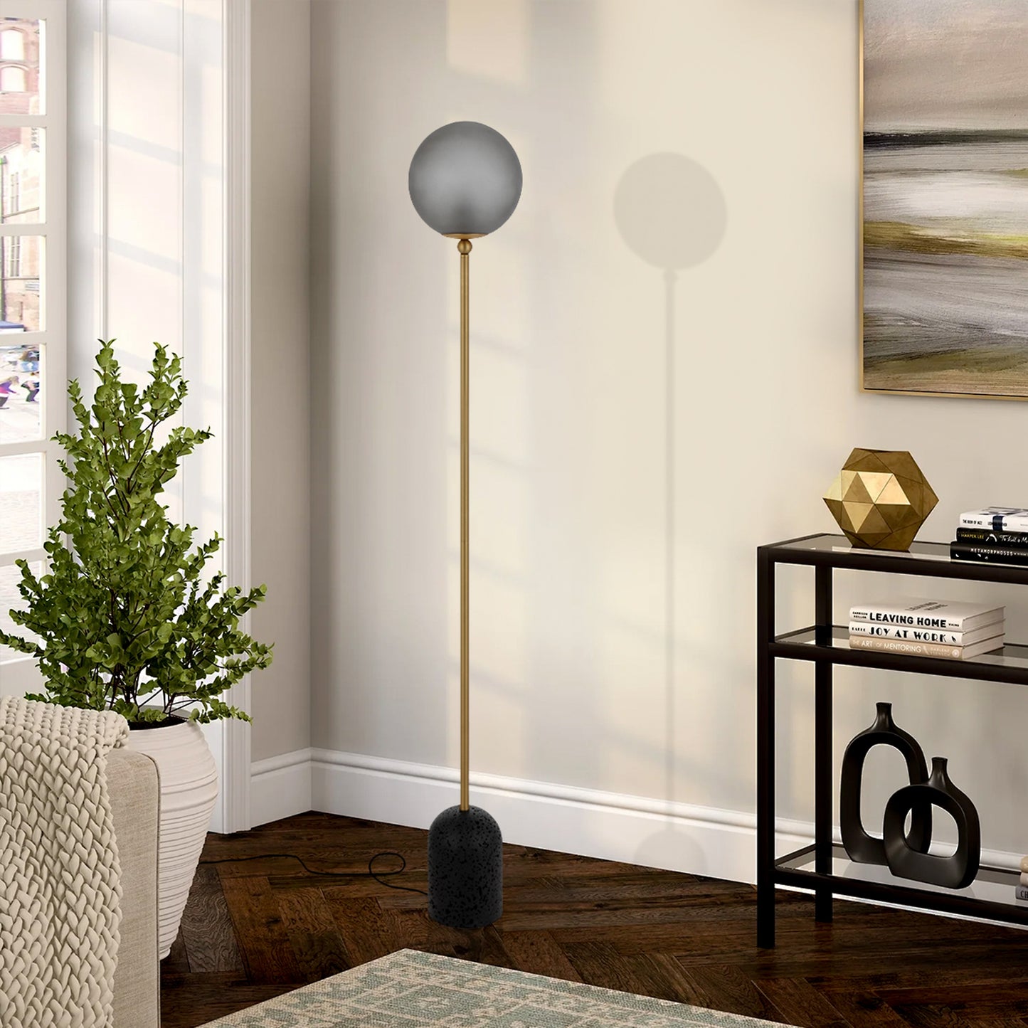 TFS FLOOR LAMP 25wE27max D:200 H1500 INLINE BLACK TRAVE /MATT ANT BRASS/GREY SMOKE