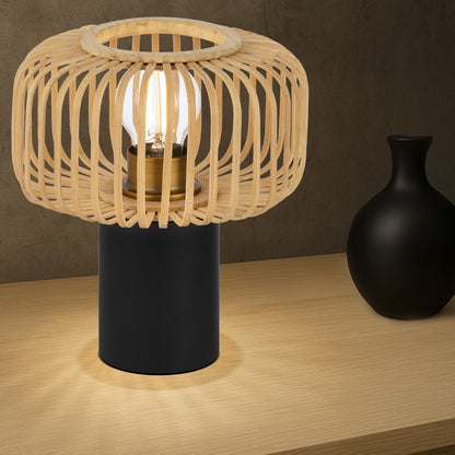TFS ROUND TABLE LAMP 25wE27max D200 H230 inline swt BLACK / NATURAL BAMBOO