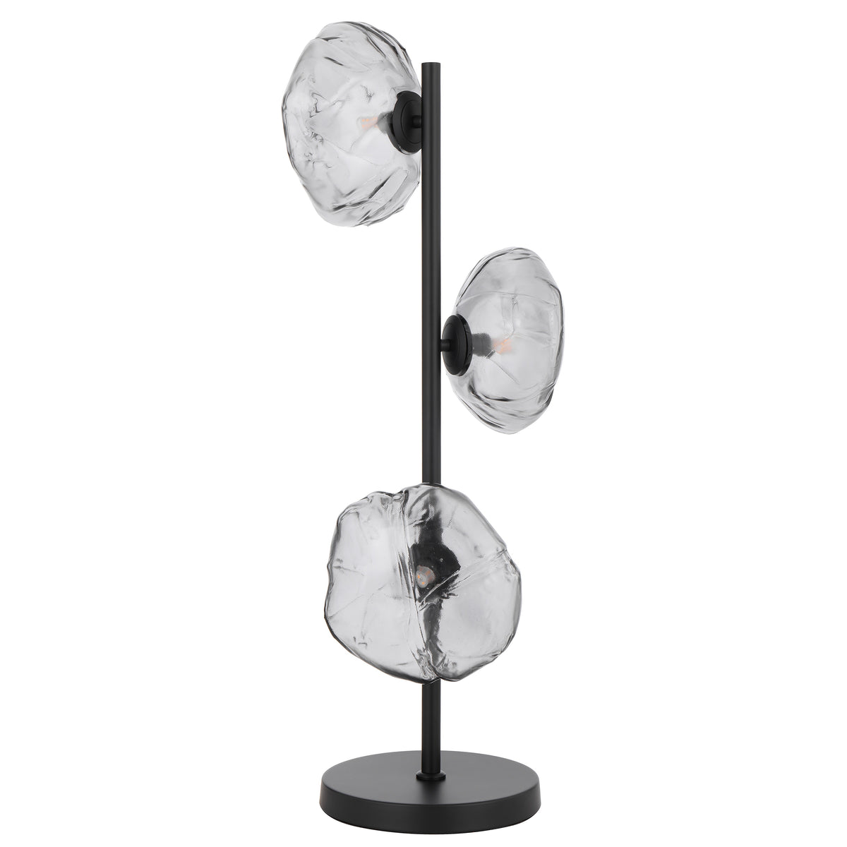 Black table lamp with three lights and elegant smoke glass shades
