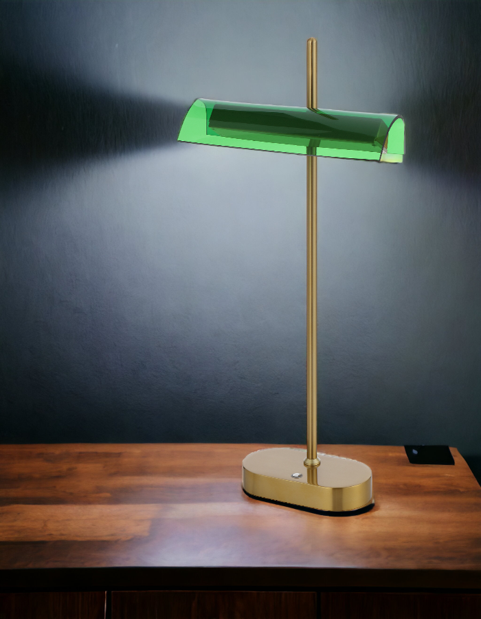 TFS TABLE LAMP 8wLED L250 H80 H400 3000K 3STEPTOUCH SWTCH DIM ANTIQUE GOLD/GREEN