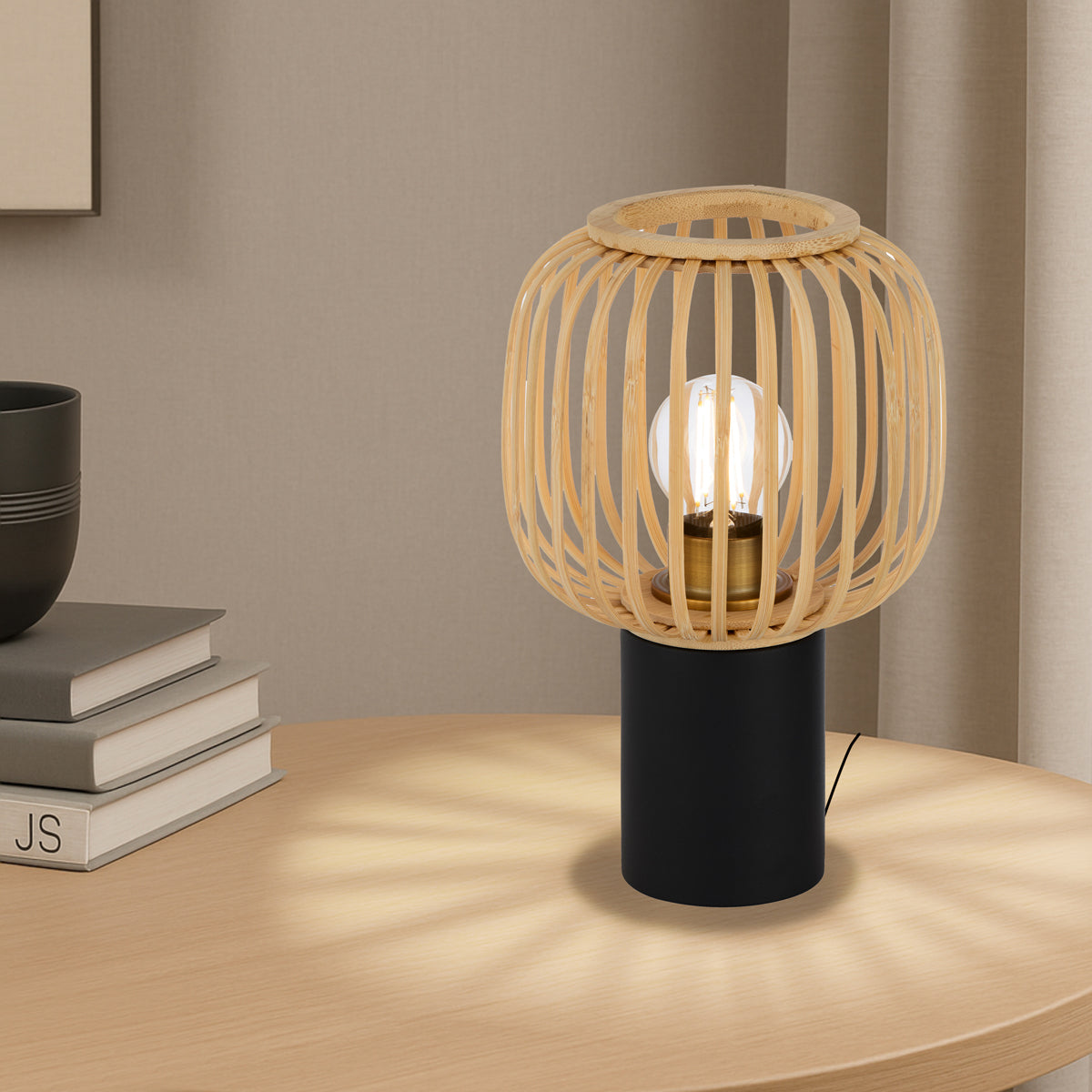 TFS OVAL TABLE LAMP 25wE27max D170 H290 inline swt BLACK / NATURAL BAMBOO