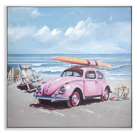 Beach view w. Pink Car Hand Painting Picture w. White PS frame