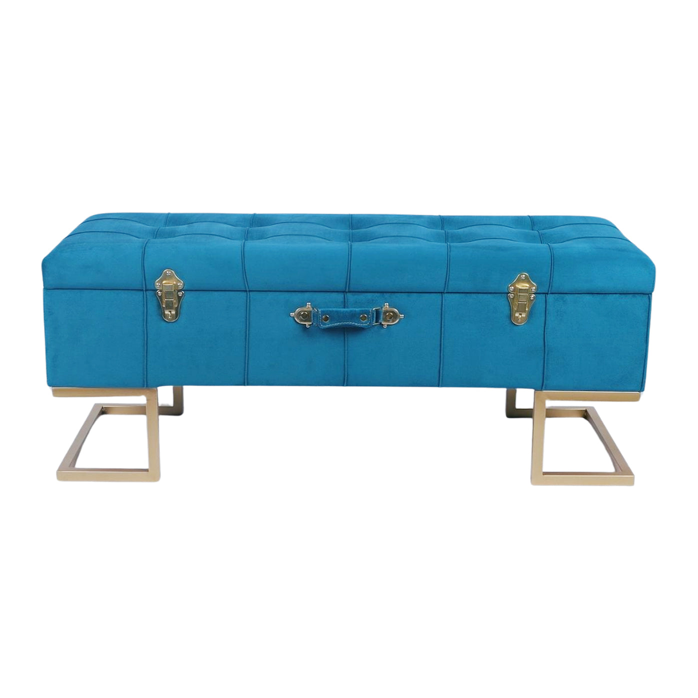 KD Storage Ottoman in Velvet Peacock Blue in gold iron base