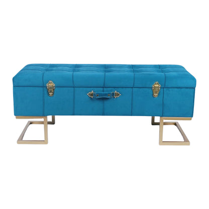 KD Storage Ottoman in Velvet Peacock Blue in gold iron base