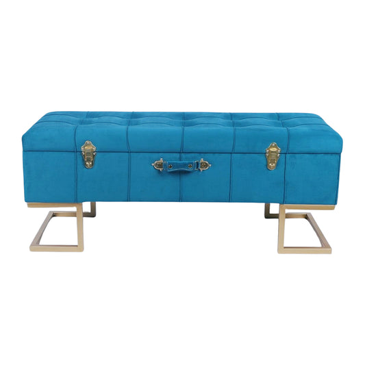 KD Storage Ottoman in Velvet Peacock Blue in gold iron base