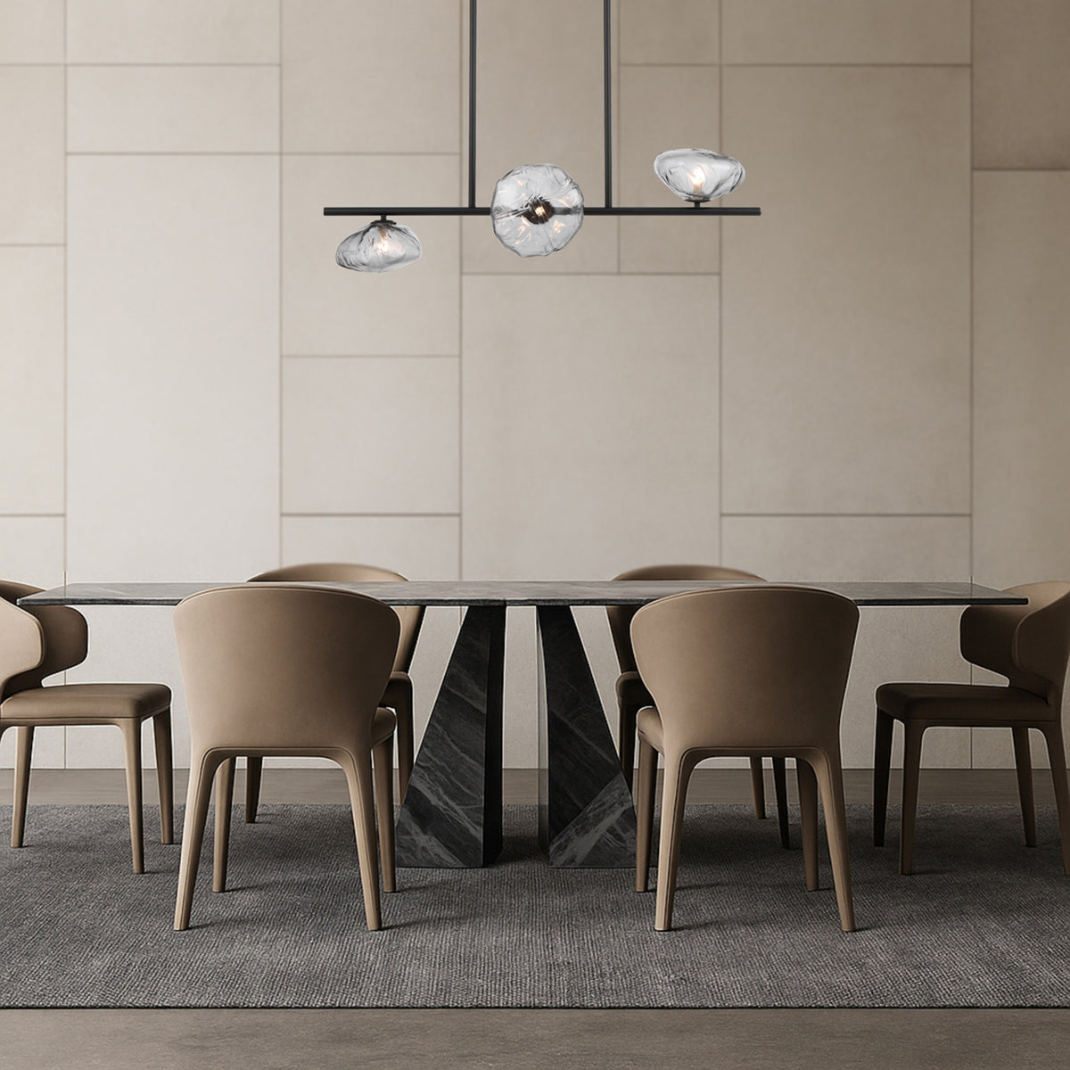 Modern three-light horizontal pendant with black finish and smoke glass