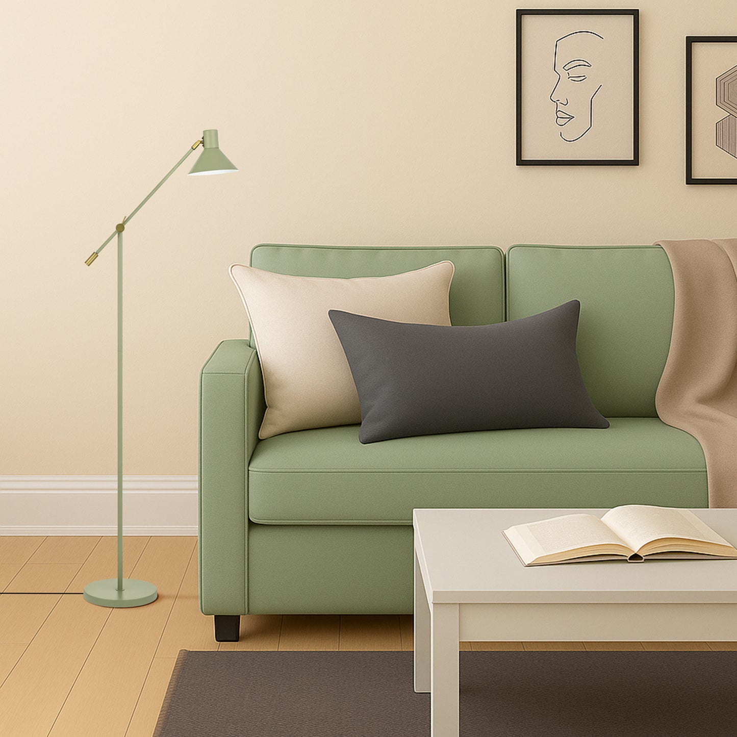 Solara TFS FLOOR LAMP 6wGU10max 631x250 H:1473 SHADE D:180 GREEN SATIN / BRASS