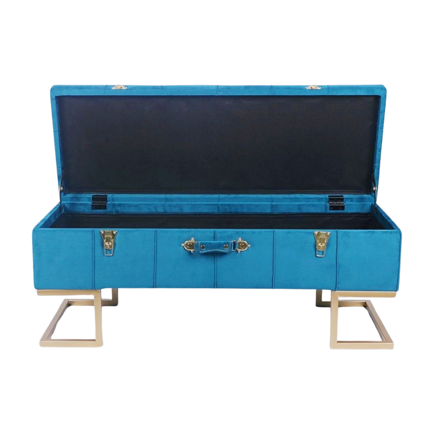 KD Storage Ottoman in Velvet Peacock Blue in gold iron base