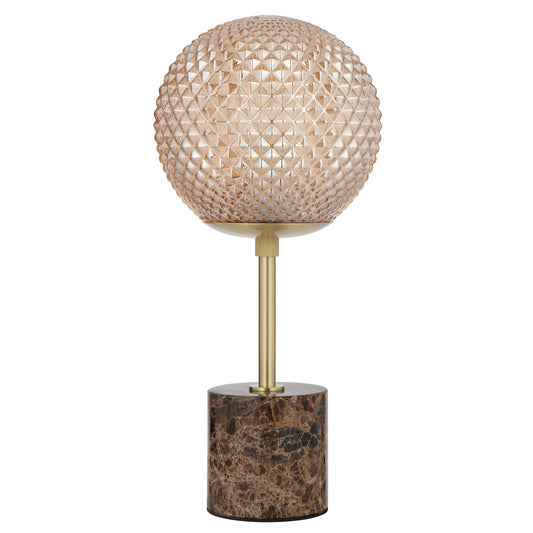 TFS TABLE LAMP 25wE27max D:190 H:415 inline swtch CHOC MARBLE/AMBER GLASS