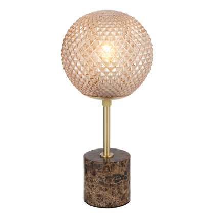 TFS TABLE LAMP 25wE27max D:190 H:415 inline swtch CHOC MARBLE/AMBER GLASS
