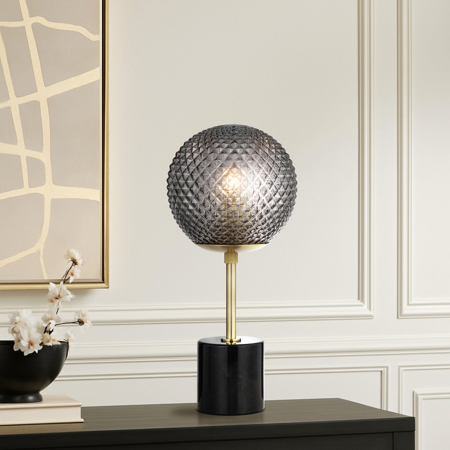 TFS TABLE LAMP 25wE27max D:190 H:415 inline swtch BLACK MARBLE/SMOKE GLASS