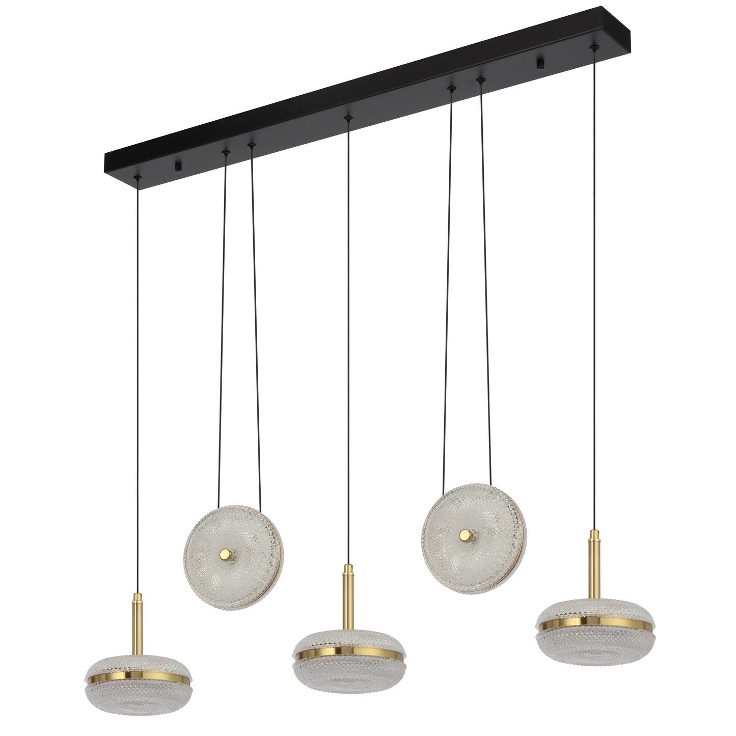 TFS 5LT BAR PENDANT 5x10wLED L980 W150 H70 3000k non-DIM CAB2M D150*70 ANT GOLD/CLEAR