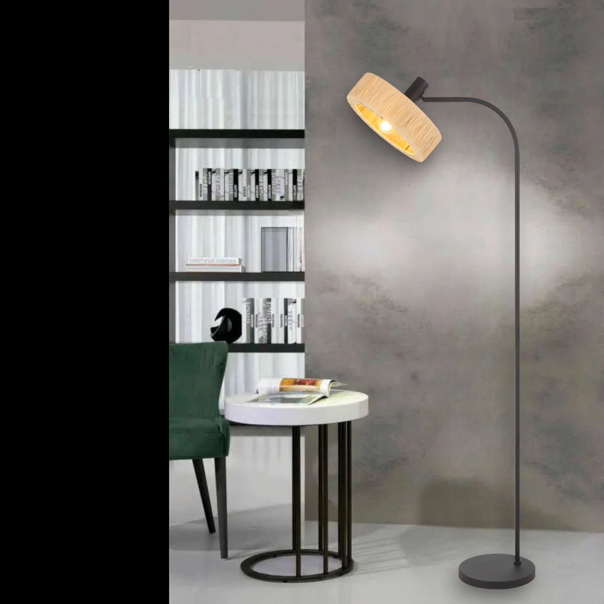 TFS FLOOR LAMP 25wE27max L530 W300 H1580 foot swt BLACK / NATURAL RAFFIA