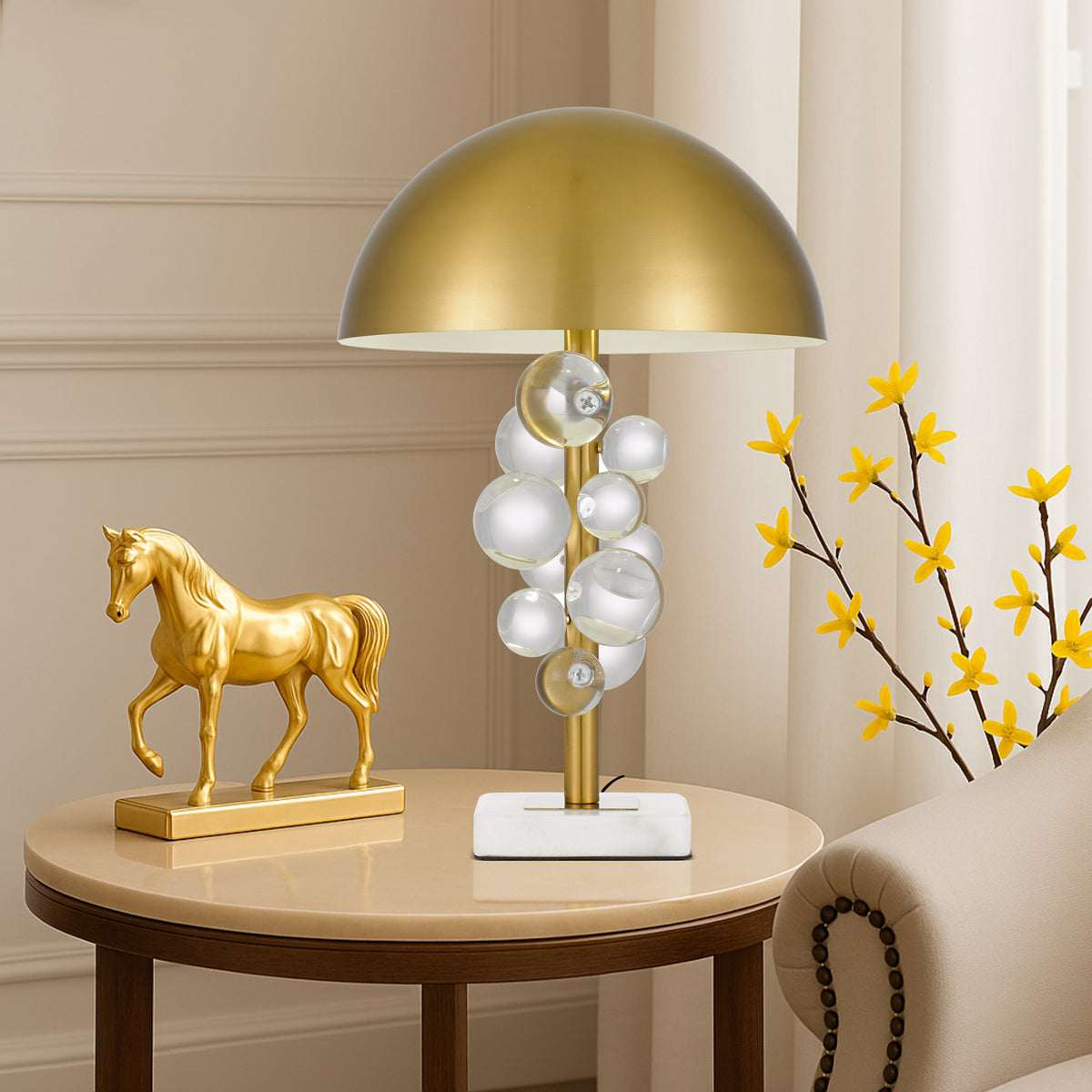 TFS TABLE LAMP 2x25wE27max D:350 H:530 Inline Switch ANTIQUE GOLD / CLEAR