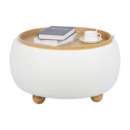 White Boucle Storage Table with Tray