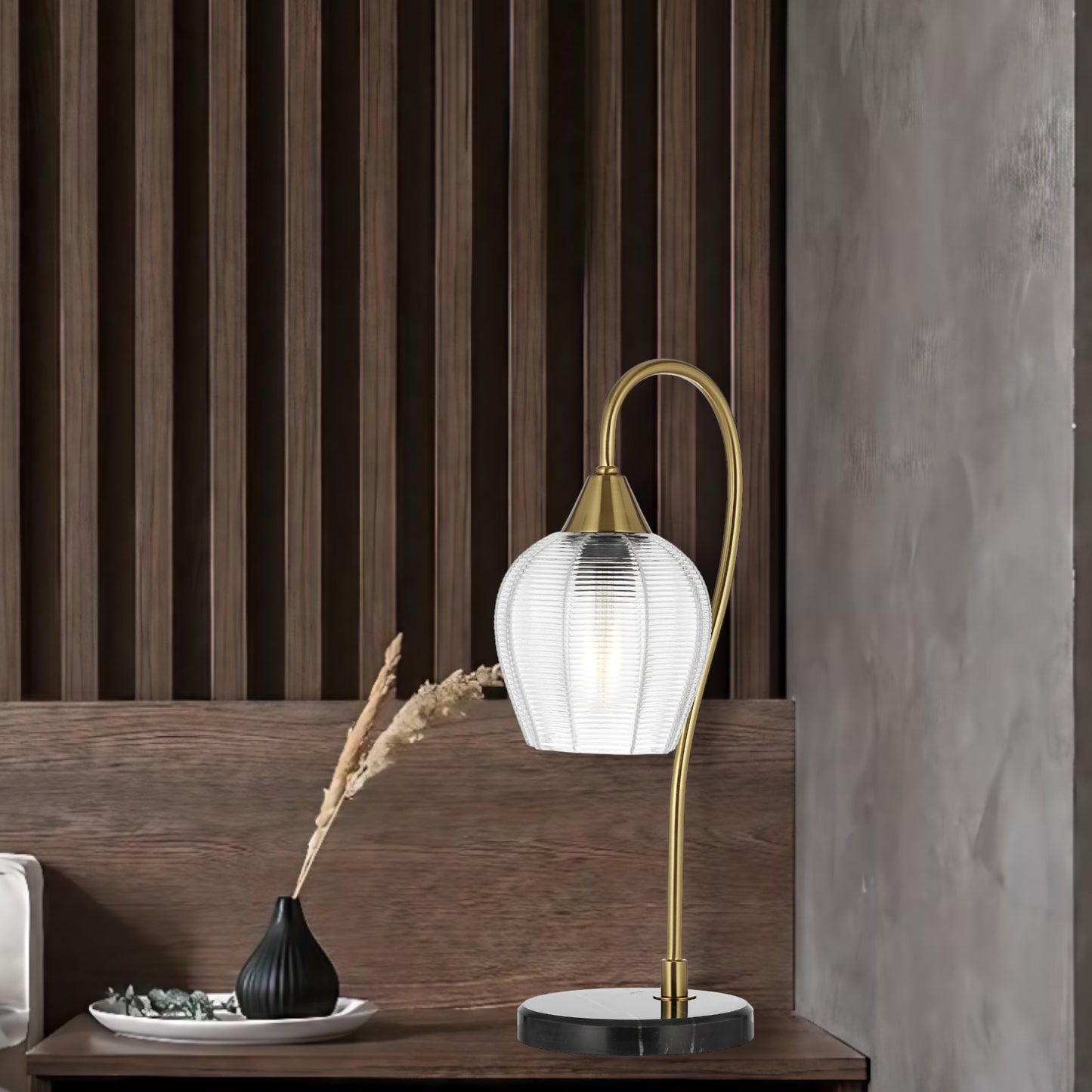 TFS TABLE LAMP 25wE27max L210 W160 H450 line swt BLK MARBLE/ANT GOLD/CLEAR