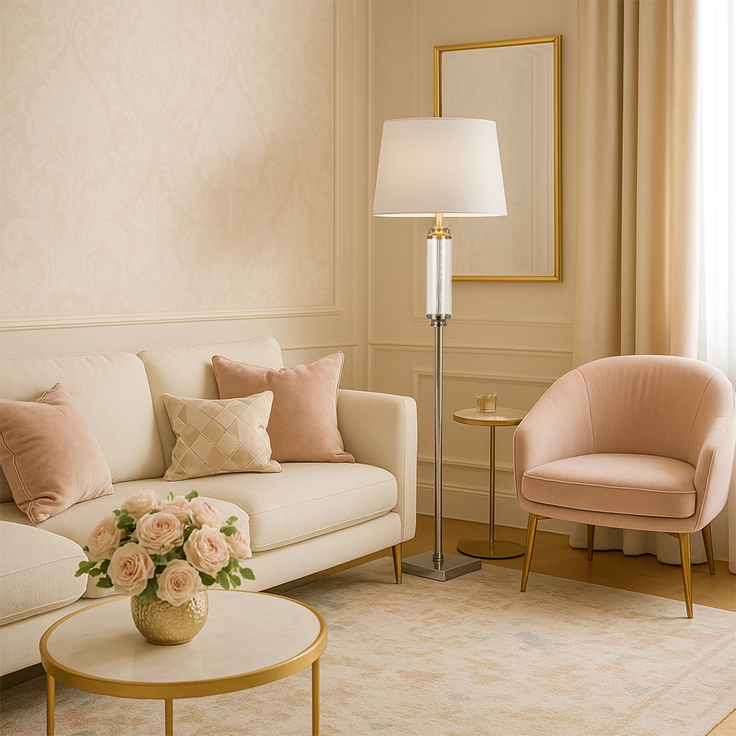 Ivory TFS FLOOR LAMP 25wE27max D:330 H:1550 cable2.0 FOOT SWT NICKEL/CLEAR+WHITE/SILVER