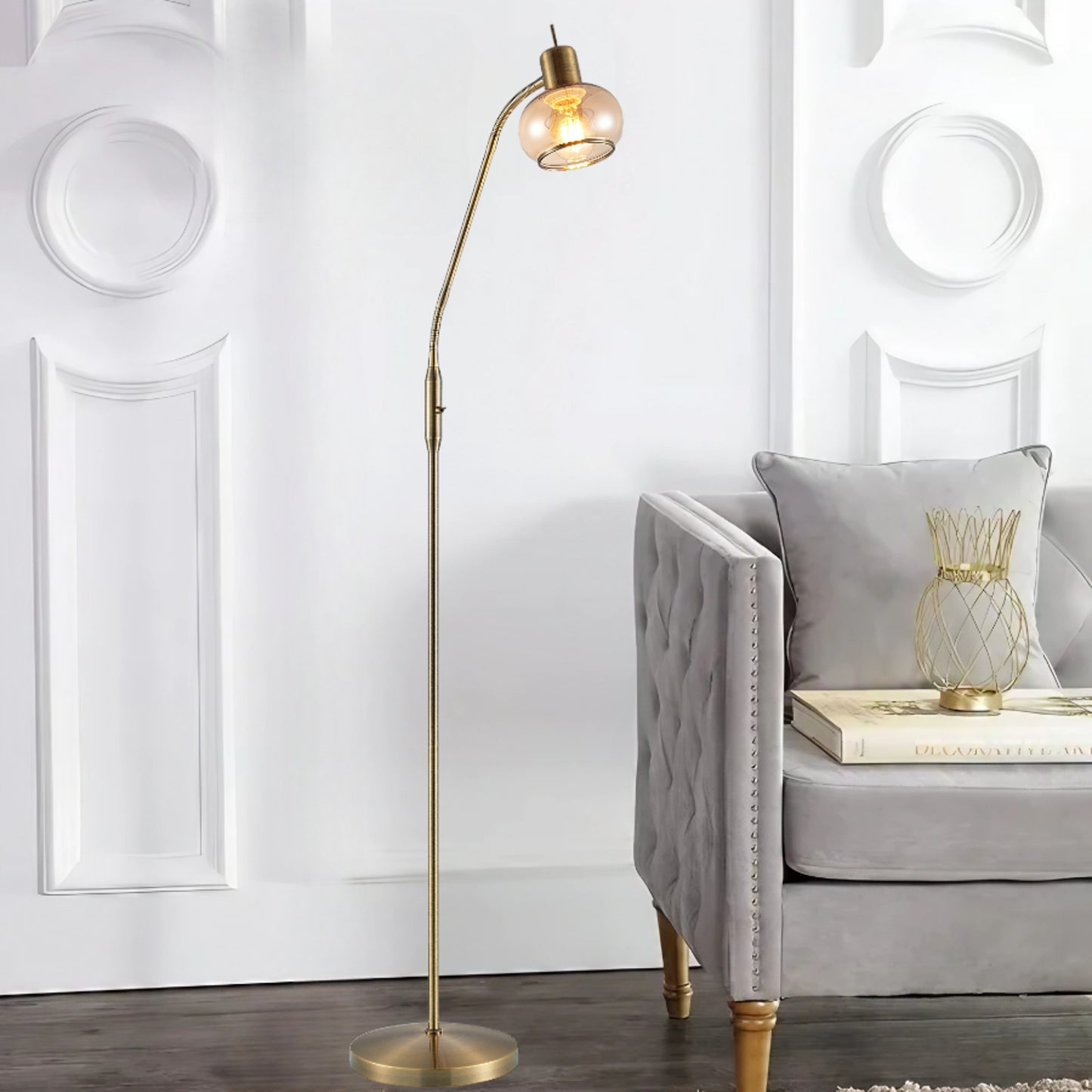 TFS FLOOR LAMP 25wE27max L:560 W:250 H:1350 TOGGLE SWT ANTIQUE BRASS/ AMBER GLASS